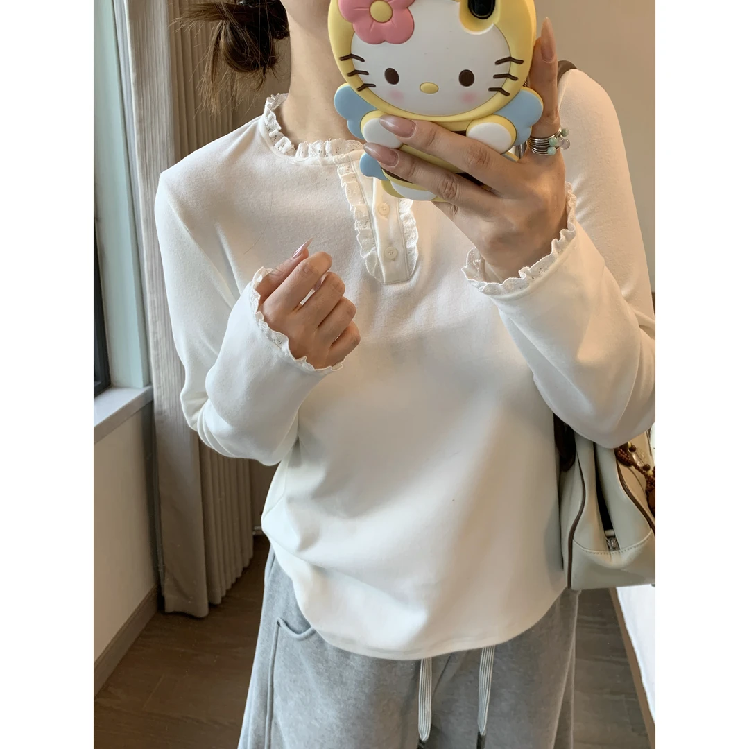 小沈美眉 甜心少女 蕾丝花边长袖打底衫秋冬宽松半开领T恤上衣女