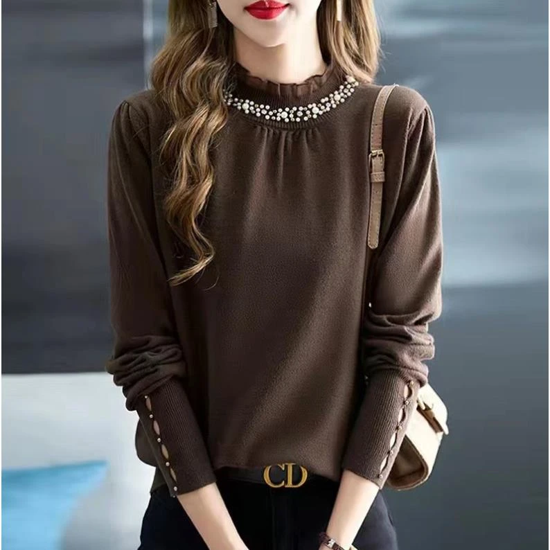 设计感小众钉珠小个子半高领毛衣打底衫女秋冬新款蕾丝花边针织衫