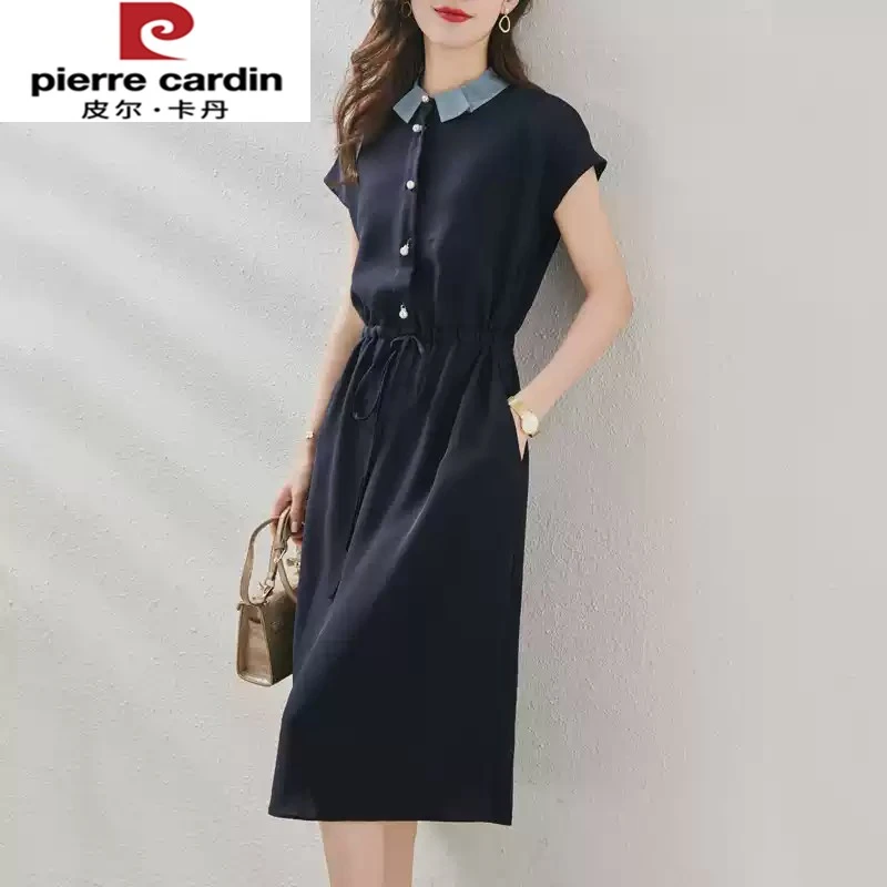 皮尔卡丹新款短袖连衣裙女夏中长款收腰显瘦高级感法式娃娃领a字