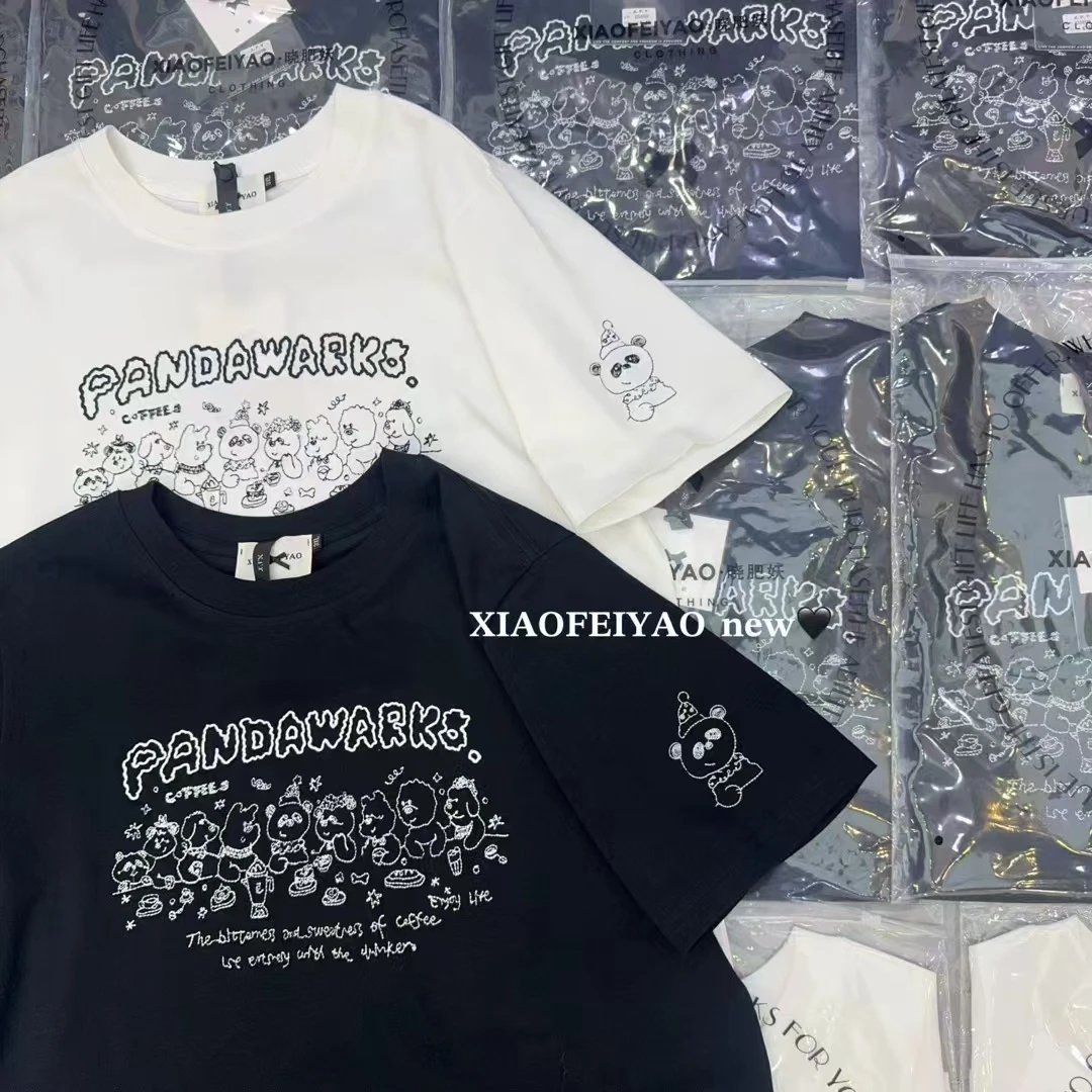 晓肥妖夏季新款大码圆领正肩宽松版刺绣卡通熊猫短袖体恤25698