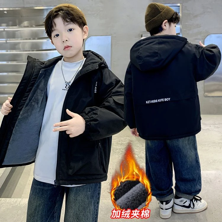 黑色男童冲锋衣派克服冬季儿童加绒加厚保暖外套韩版防风字母印花