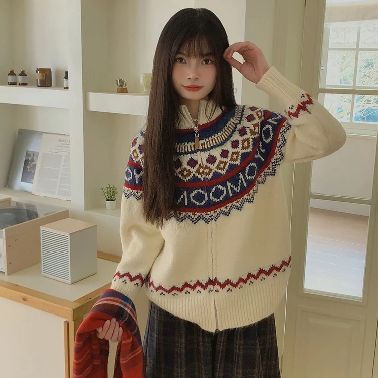 毛衣女北欧费尔岛高领加厚复古慵懒风针织开衫外百搭毛衣-MZ012