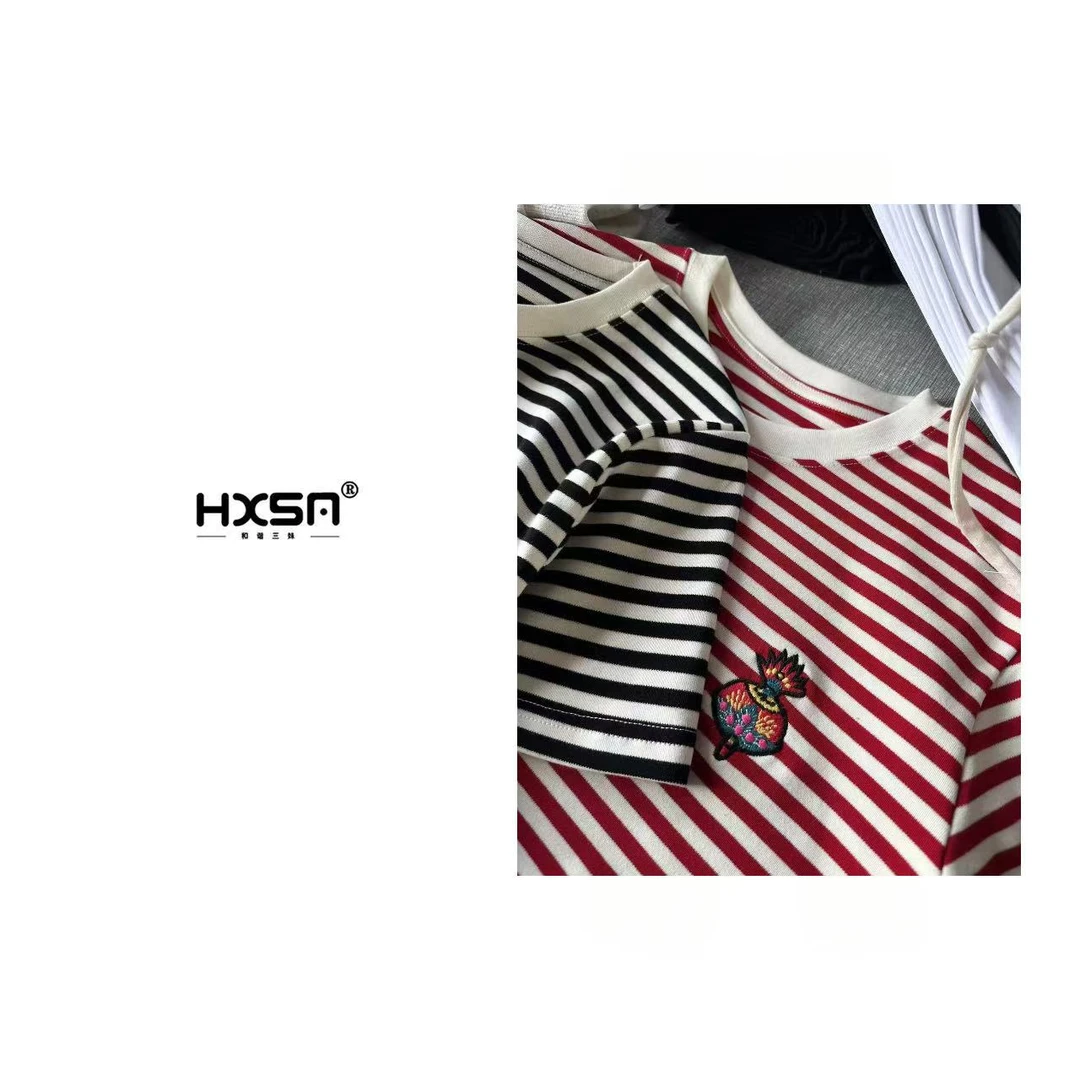 刺绣条纹纯棉短袖T恤女装2025春夏新款时尚百搭宽松显瘦上衣ins