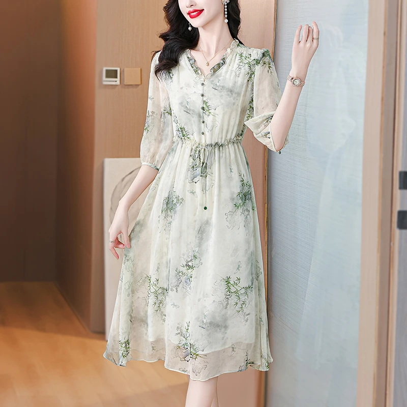 （烟雨江南）蚕 丝 V领2025年扎染印花显瘦高腰连衣裙
