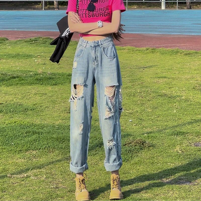 复古浅蓝破洞牛仔裤女2025年新款设计感直筒宽松高腰显瘦显高