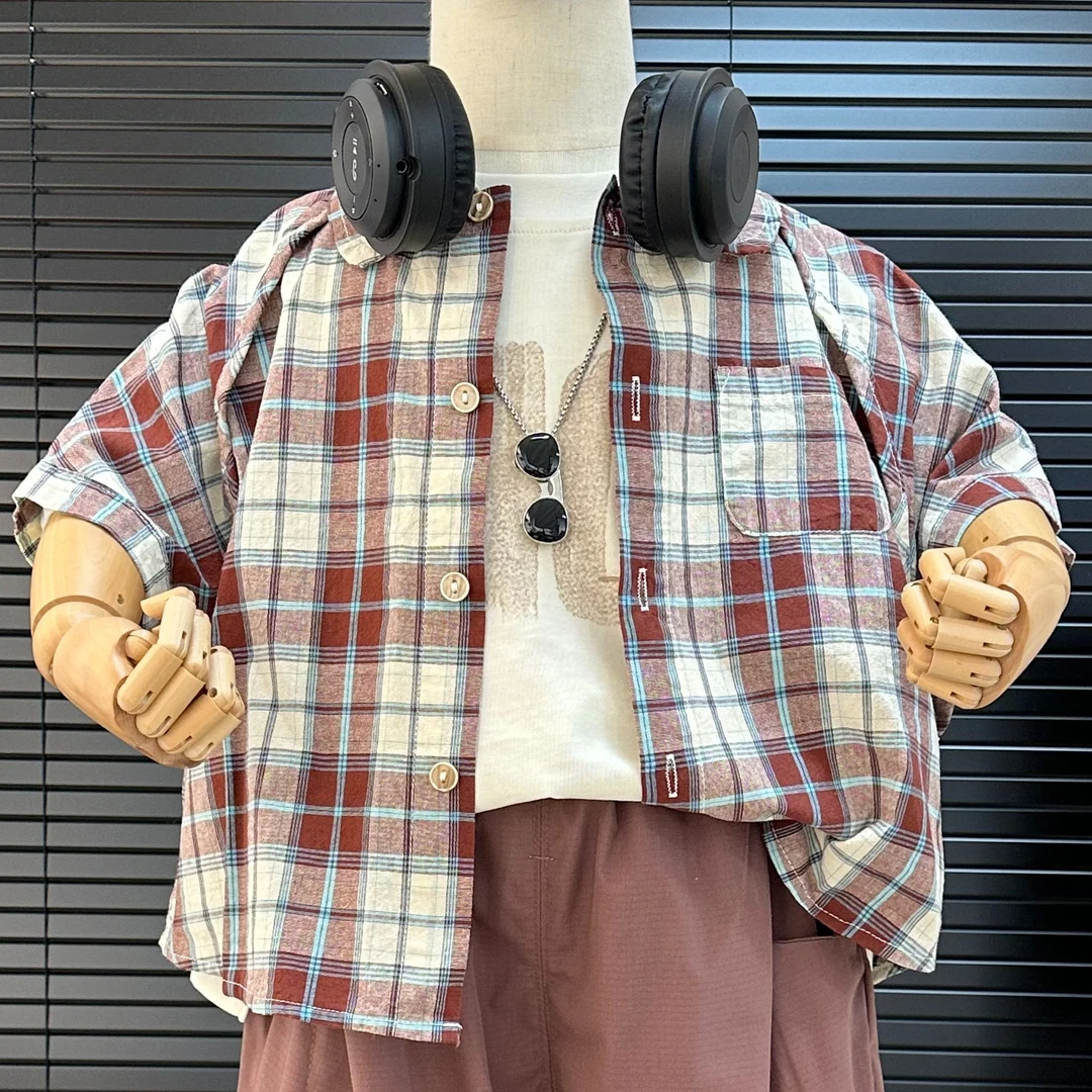 现货【棉的】儿童衬衫夏季新款男童韩版口袋蓝条红格外套AX810