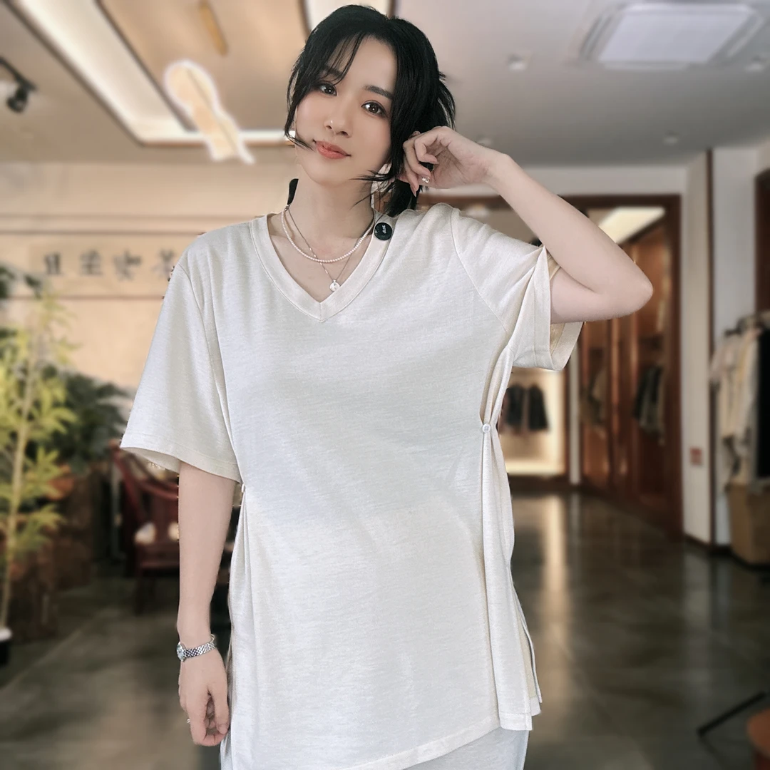 櫟丝御锦柞蚕丝女士V领中长款半袖气质显瘦可调节腰部简约 C25147