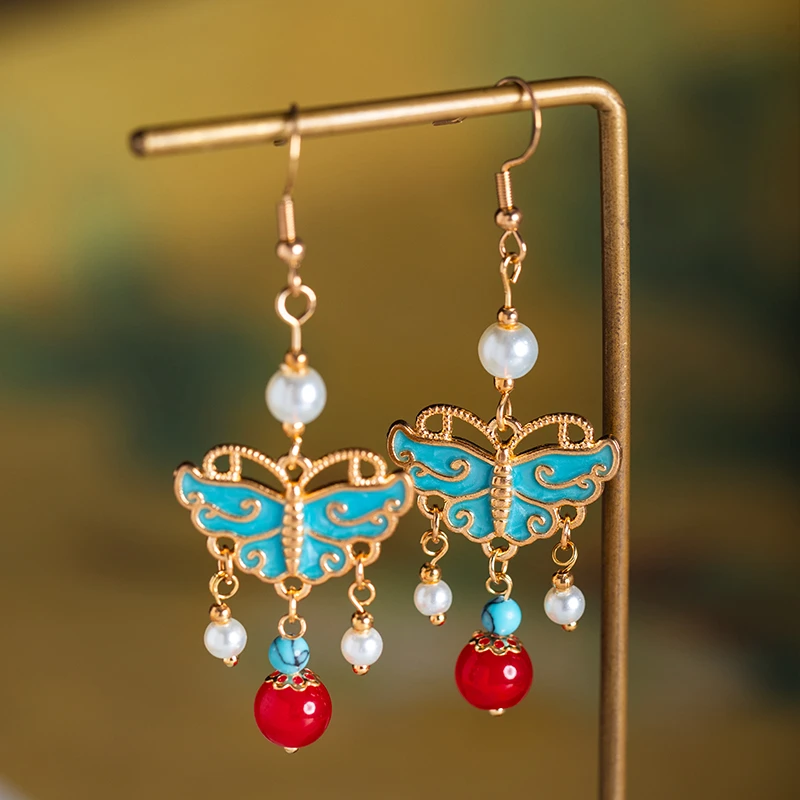 烧蓝蝴蝶汉服配饰古风耳坠国风旗袍耳环