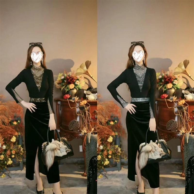 设计感辣妹时尚闪闪烫钻木耳边T恤褶皱修身显瘦长袖打底衫气质ins