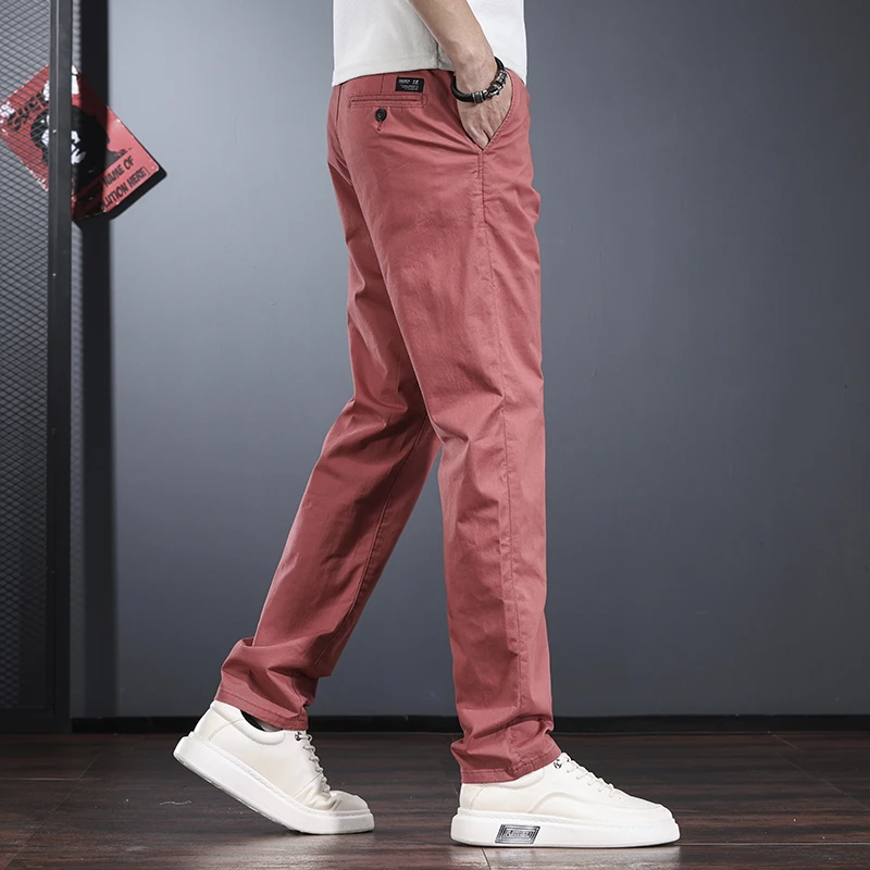高端男士休闲裤2025新款春夏季修身直筒通勤简约红色裤子男百搭潮