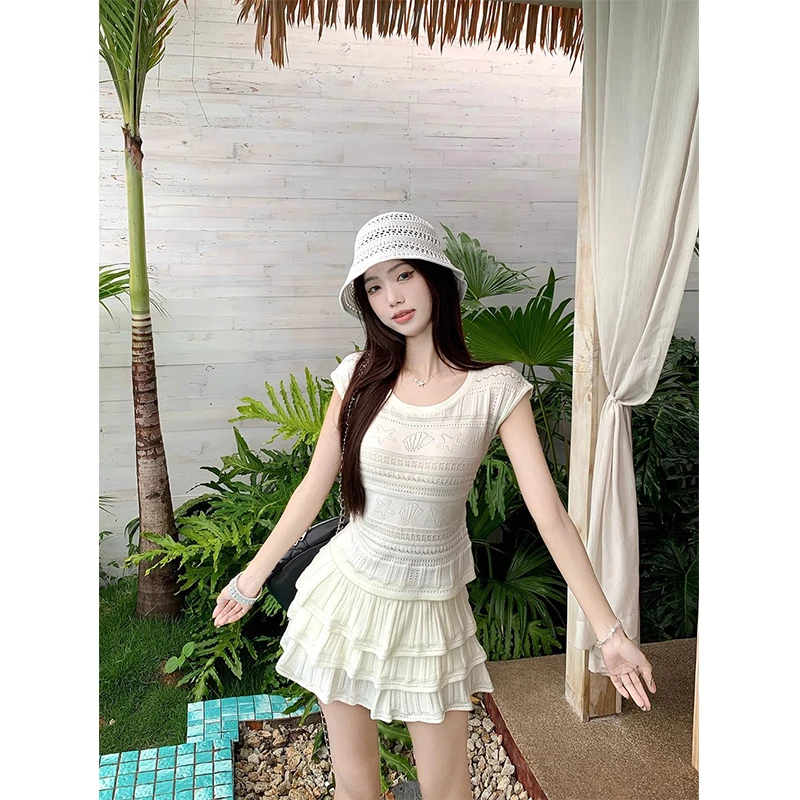 2025夏季套装镂空针织短袖T恤女小个子洋气高腰甜美蛋糕裙半身裙