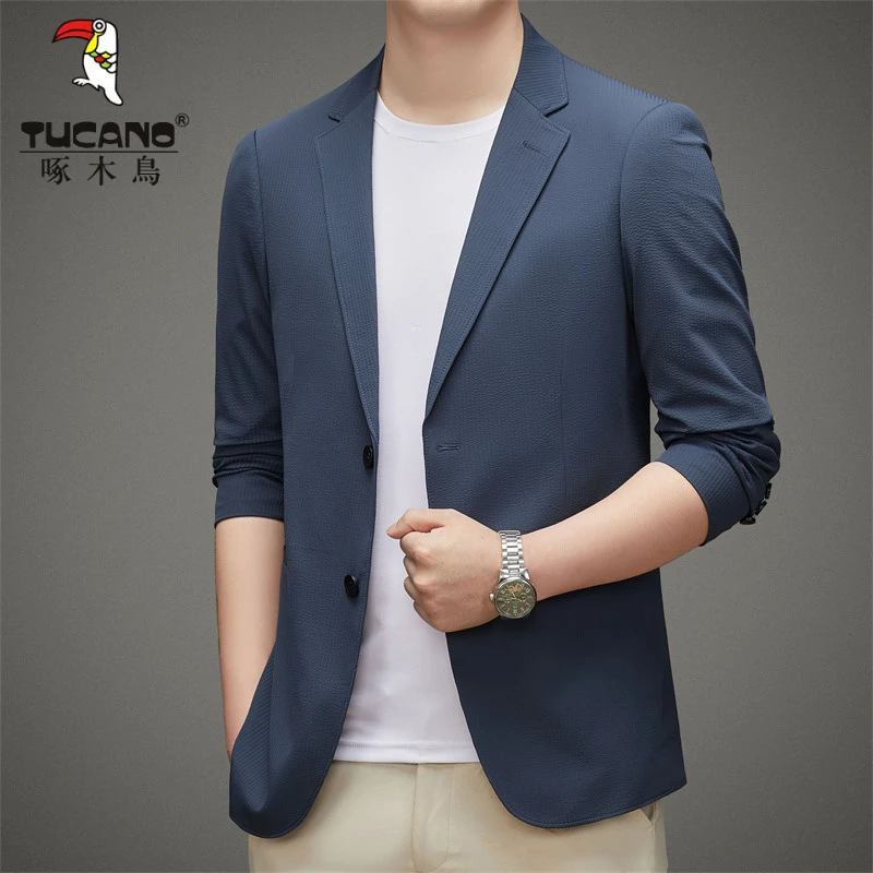 啄木鸟男装春秋新款男士休闲小西装商务通勤韩版高档抗皱耐磨上衣