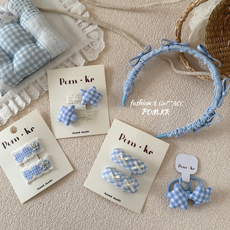 春日新款蓝白格子芭蕾风萌妹甜美少女百搭可爱星星蝴蝶结发饰套装