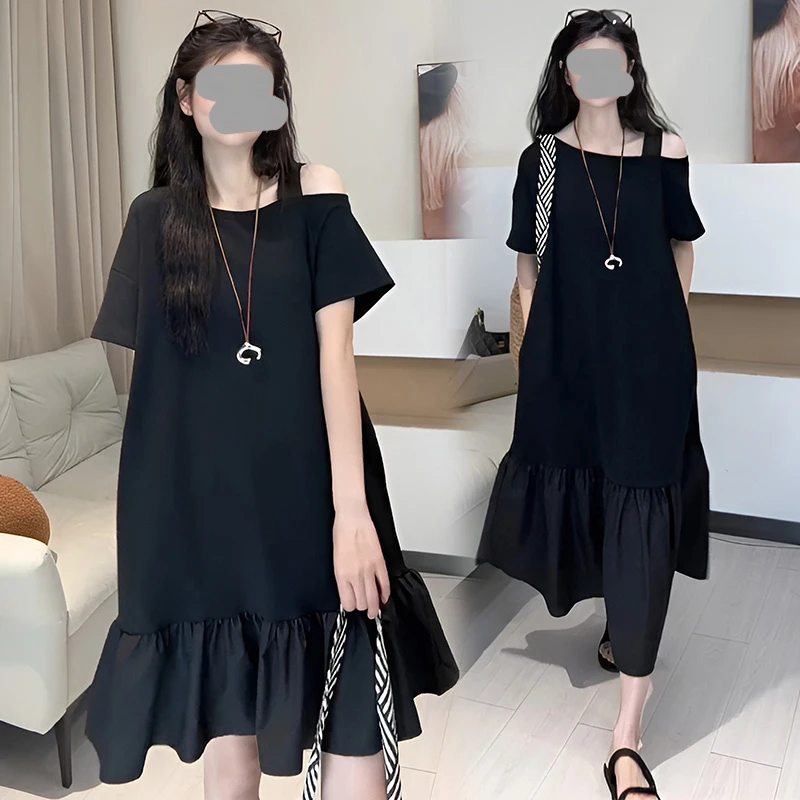 2026夏季新款欧货高端设计感荷叶边短袖连衣裙宽松显瘦减龄小黑裙