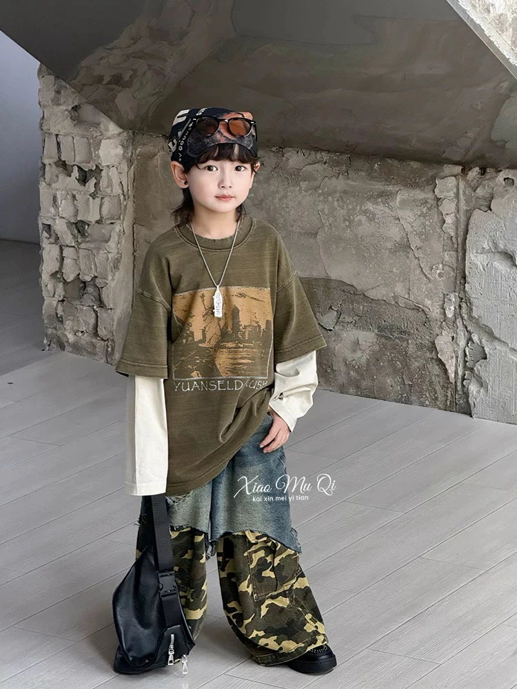 小木琪 男童长袖t恤假两件儿童衣服2025新款炸街痞帅上衣早秋穿搭