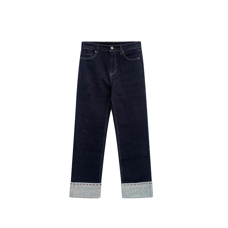 【橙庐】KZ69秋冬加绒翻边撞色直筒牛仔裤 女士九分设计师中腰时尚