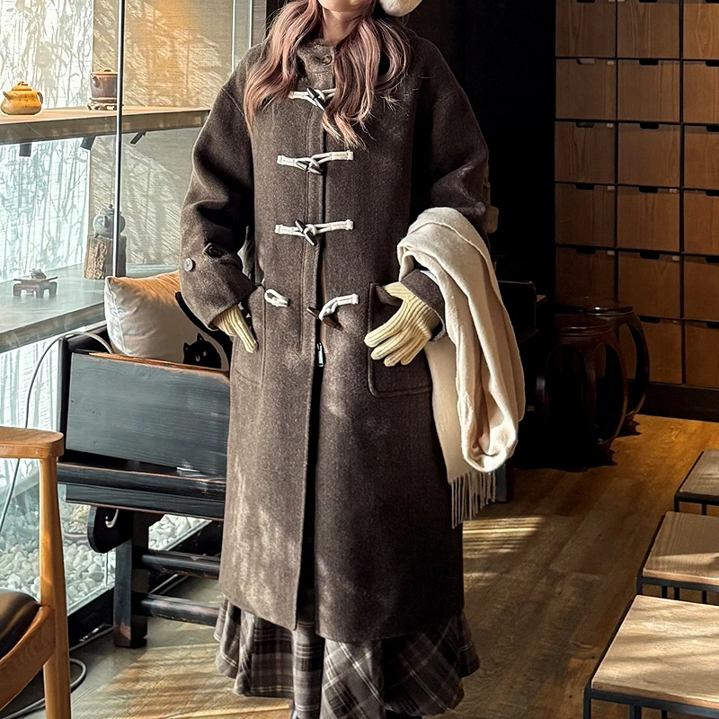 MOUSSY 2025冬季新品时髦复古风牛角扣长款毛呢大衣028IAC30-1089