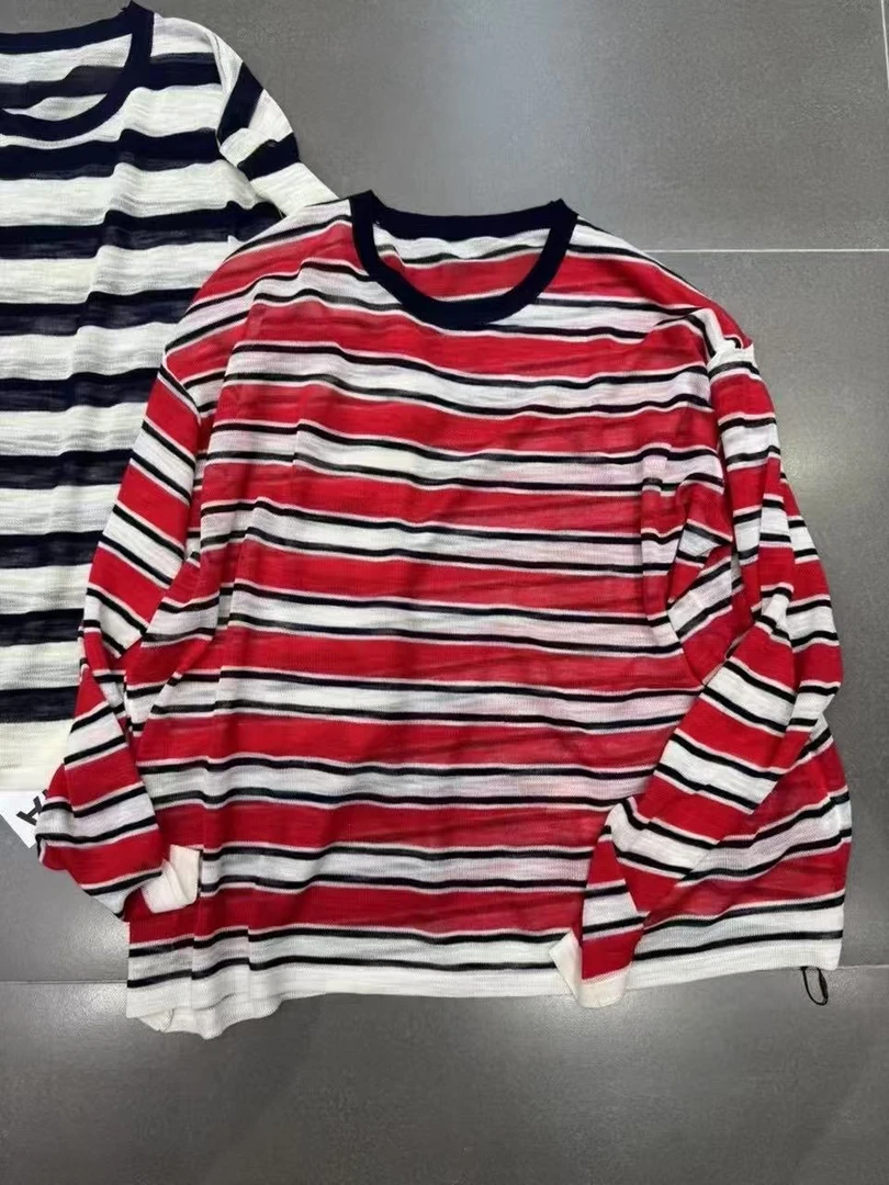 欧韩宽松夏季防晒薄款百搭圆领针织衫打底条纹长袖