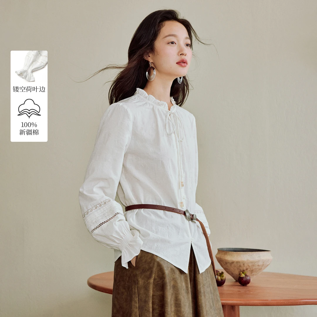 【商场同款新品】茵曼25秋季荷叶边系带白衬衫时尚百搭灯笼袖衬衣
