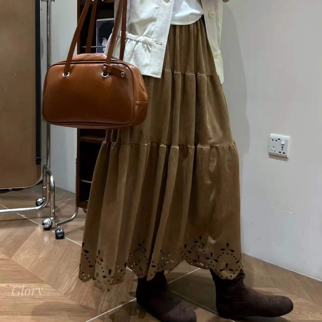 乐缘早秋新款高品质法式镂空勾花麂皮绒半身裙