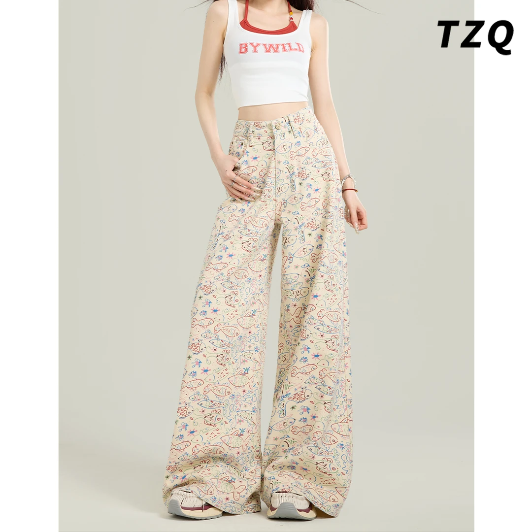 小众炸街高级感小鱼印花牛仔裤女2025夏季新款高腰显瘦宽松阔腿裤