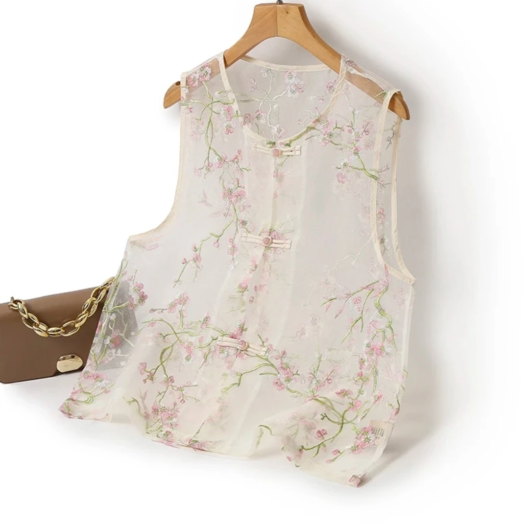 2145国潮中式复古刺绣圆领薄款中国风民族风碎花马甲坎肩卿马夹