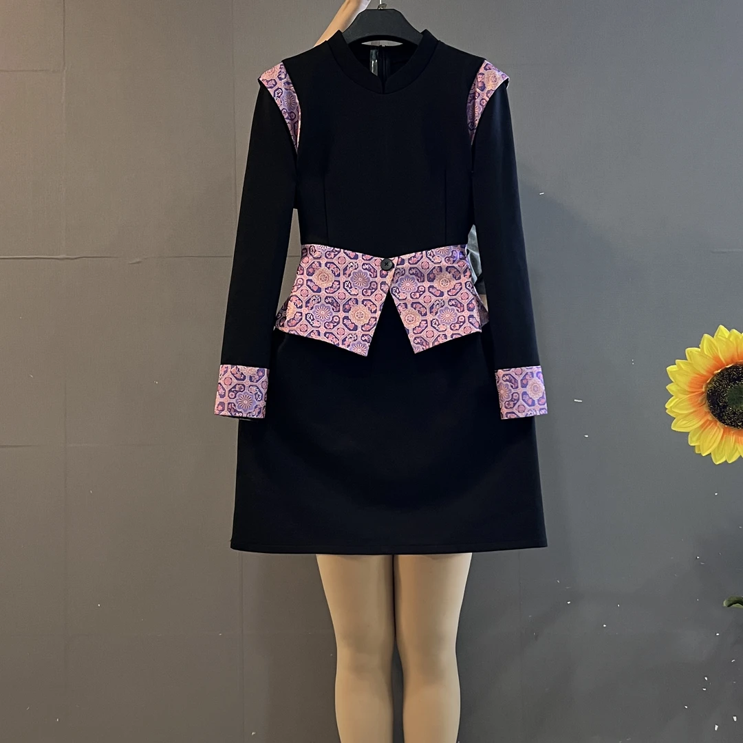 新款时尚设计感国风复古拼接洋气印花收腰显瘦大码连衣裙