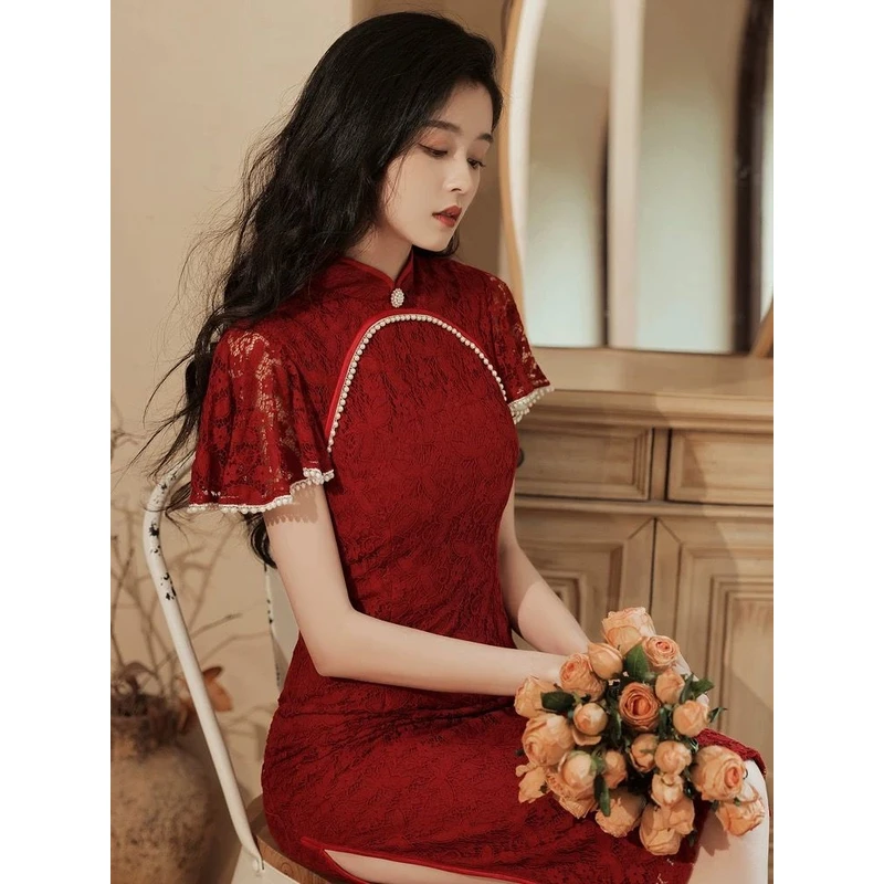 红色旗袍春夏款中考高考送考旗袍年轻款新中式敬酒服订婚连衣裙