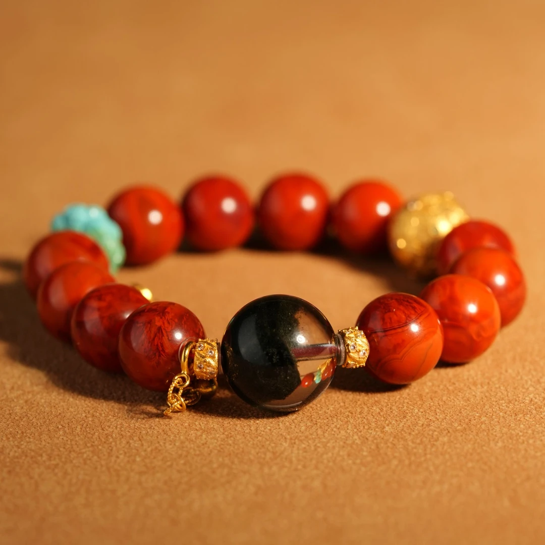 【见桃花珠宝】多样性发其一+川料火焰纹南红水晶绿幽灵定制手串