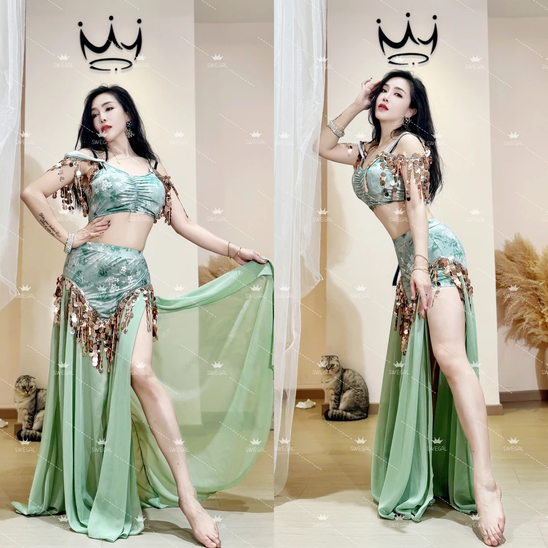 swegal肚皮舞练功服大师款水绿玫瑰金亮片表演服套装东方舞表演服