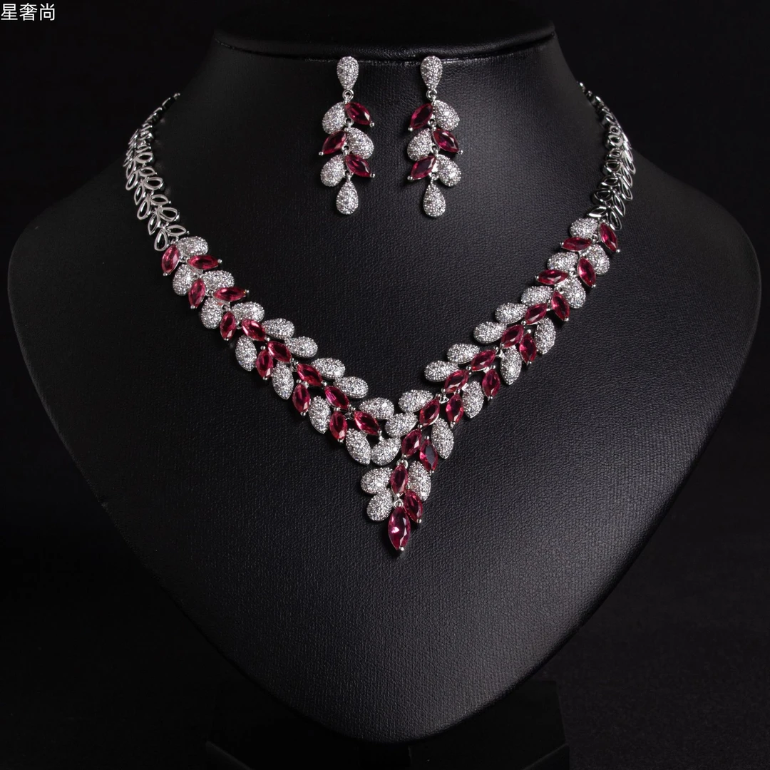 合金合成锆石耳饰 星奢尚 v璀璨水滴项链耳环高档礼服套装时尚HJ