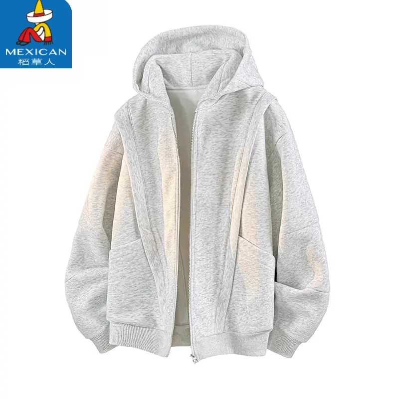 Mexican/稻草人秋季设计感纯色连帽外套男潮牌春秋款拼接男士夹克