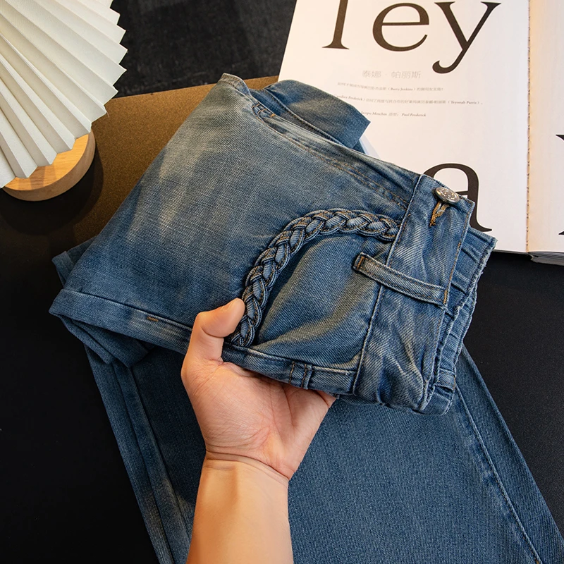 美思源九分软牛仔裤女装秋冬爆款2025新款麻花阔腿小个子直筒裤子