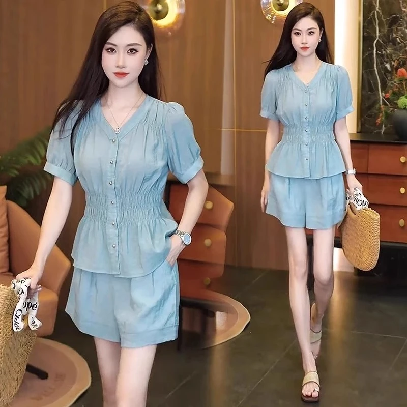 时尚套装女2025夏新款时髦洋气设计感收腰上衣阔腿短裤气质两件套