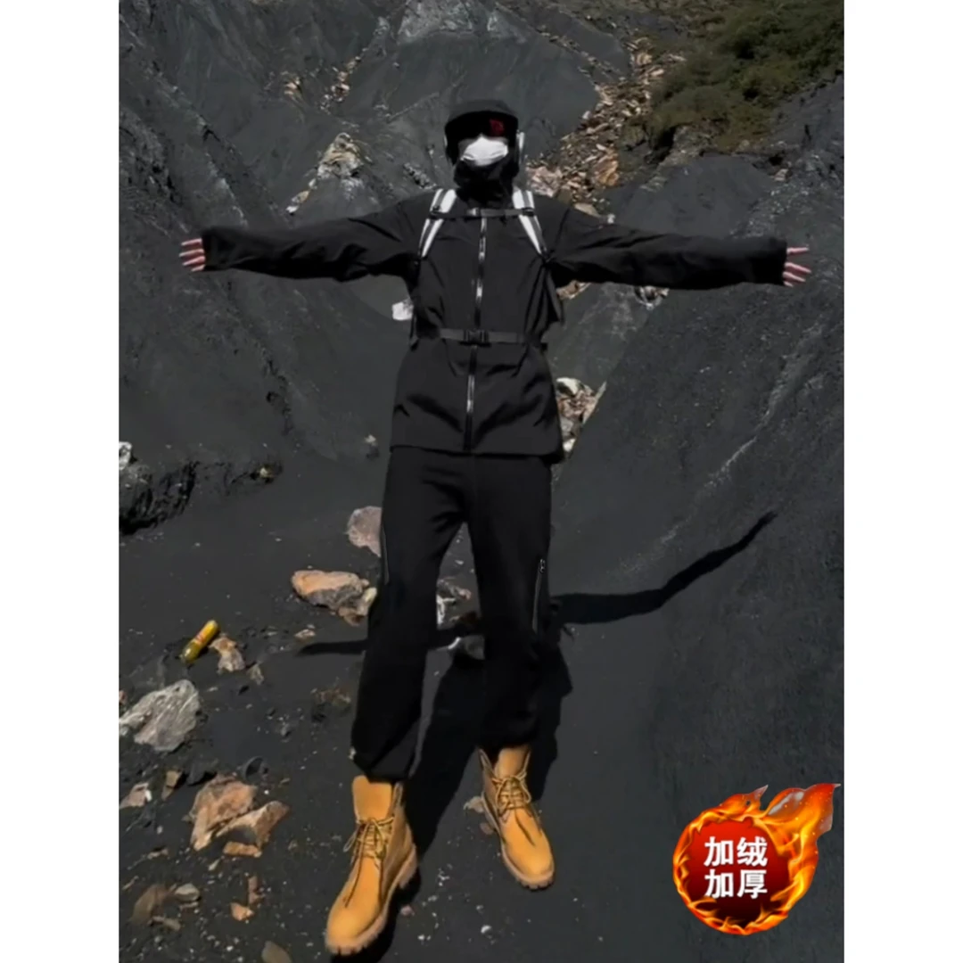 美式户外机能防泼水冲锋裤男款冬季工装裤宽松直筒加绒加厚束脚裤