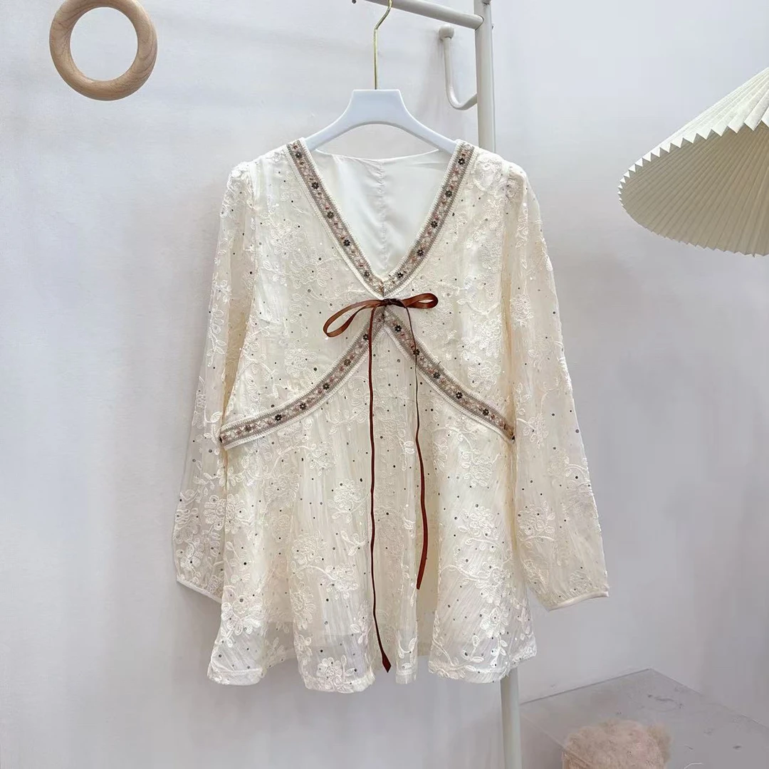 胖胖家*8032新款蝴蝶结交叉白色收腰显瘦上衣