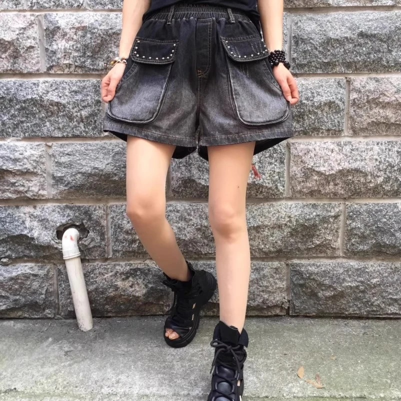 大码2025夏季新款个性做旧柳钉口袋百搭牛仔短裤热裤女铆钉休闲
