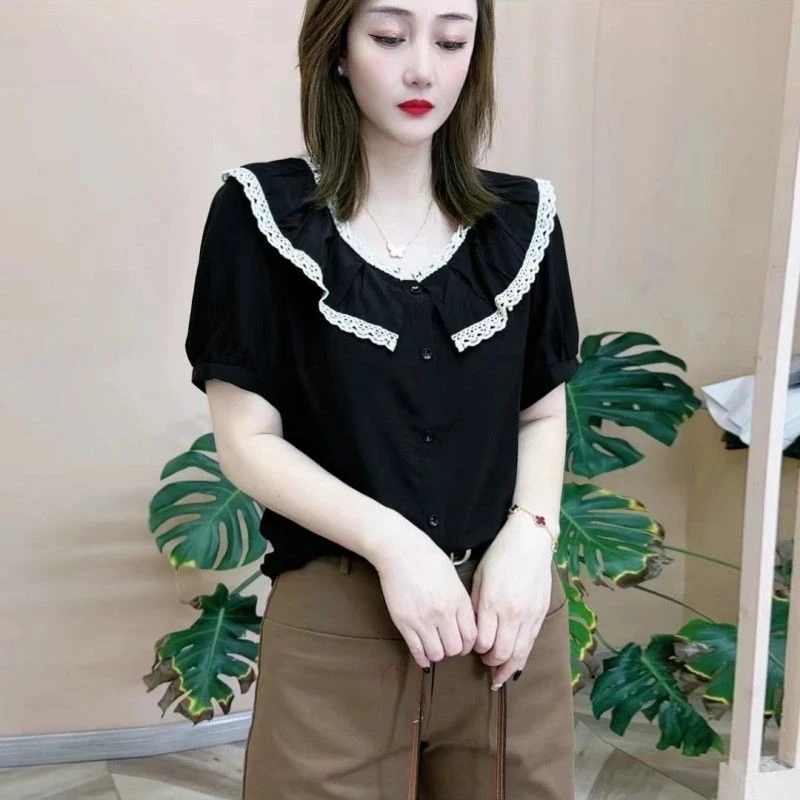 2025夏季新款显瘦洋气时尚花边娃娃领小衫气质百搭减龄短袖上衣