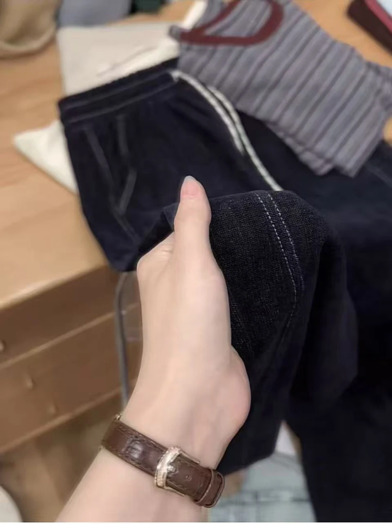 七言家巨显瘦！复古水洗高腰抽绳牛仔雪尼尔弯刀裤