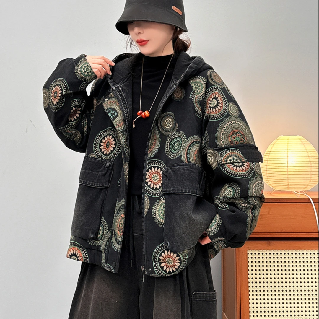 8249新款加厚秋冬简约百搭休闲气质连帽棉衣牛仔棉服