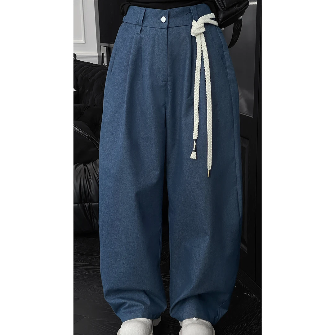 龙叨叨春夏新款潮流复古纯色高级感抽绳宽松百搭弯刀长裤