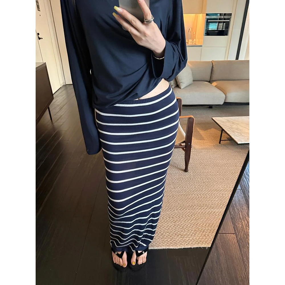 慵懒感条纹撞色休闲长裙女夏季新款韩版气质高腰显瘦百搭半身裙