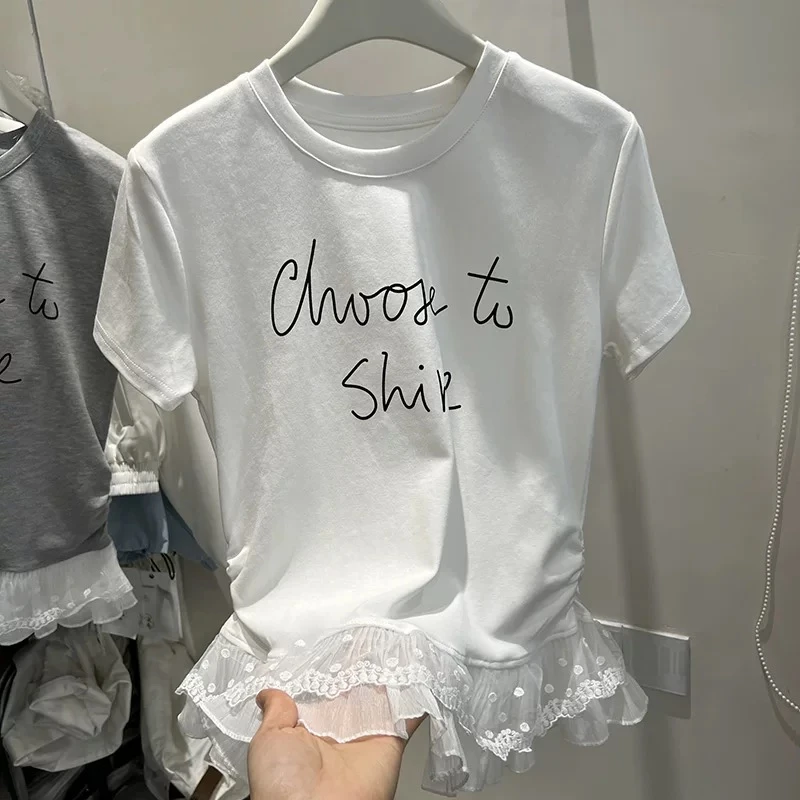 【韩系设计】2025春季新款字母蕾丝花边拼接打底T恤AILI-0011