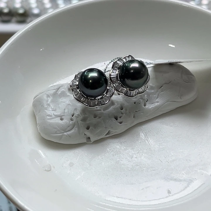 银S925镶嵌耳饰海水珍珠9-10mm108号