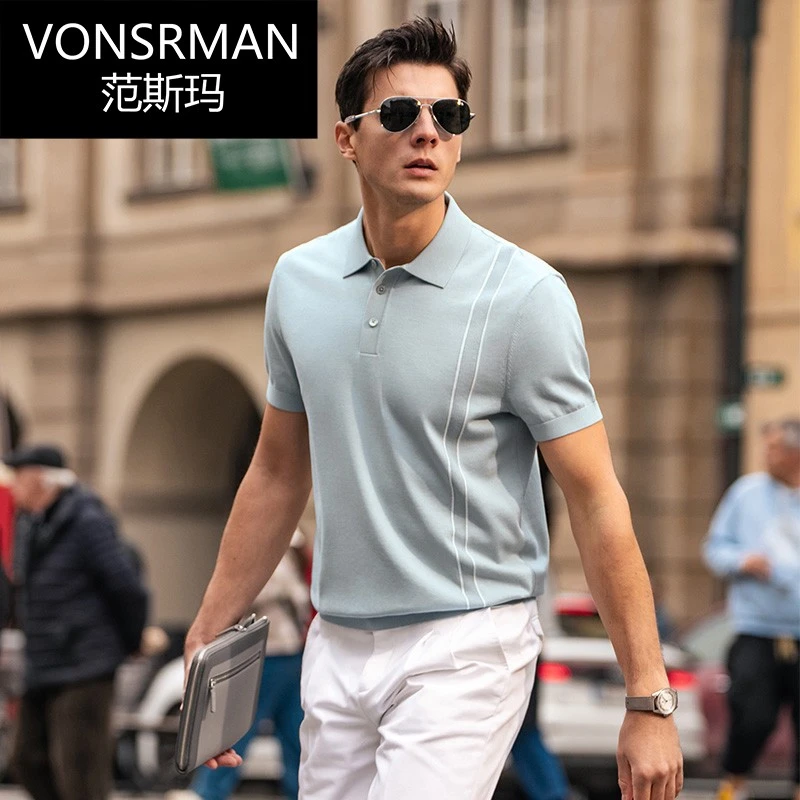 VONSRMAN范斯玛拼线撞色时尚通勤舒适设计恤夏柔软舒适透气男短袖