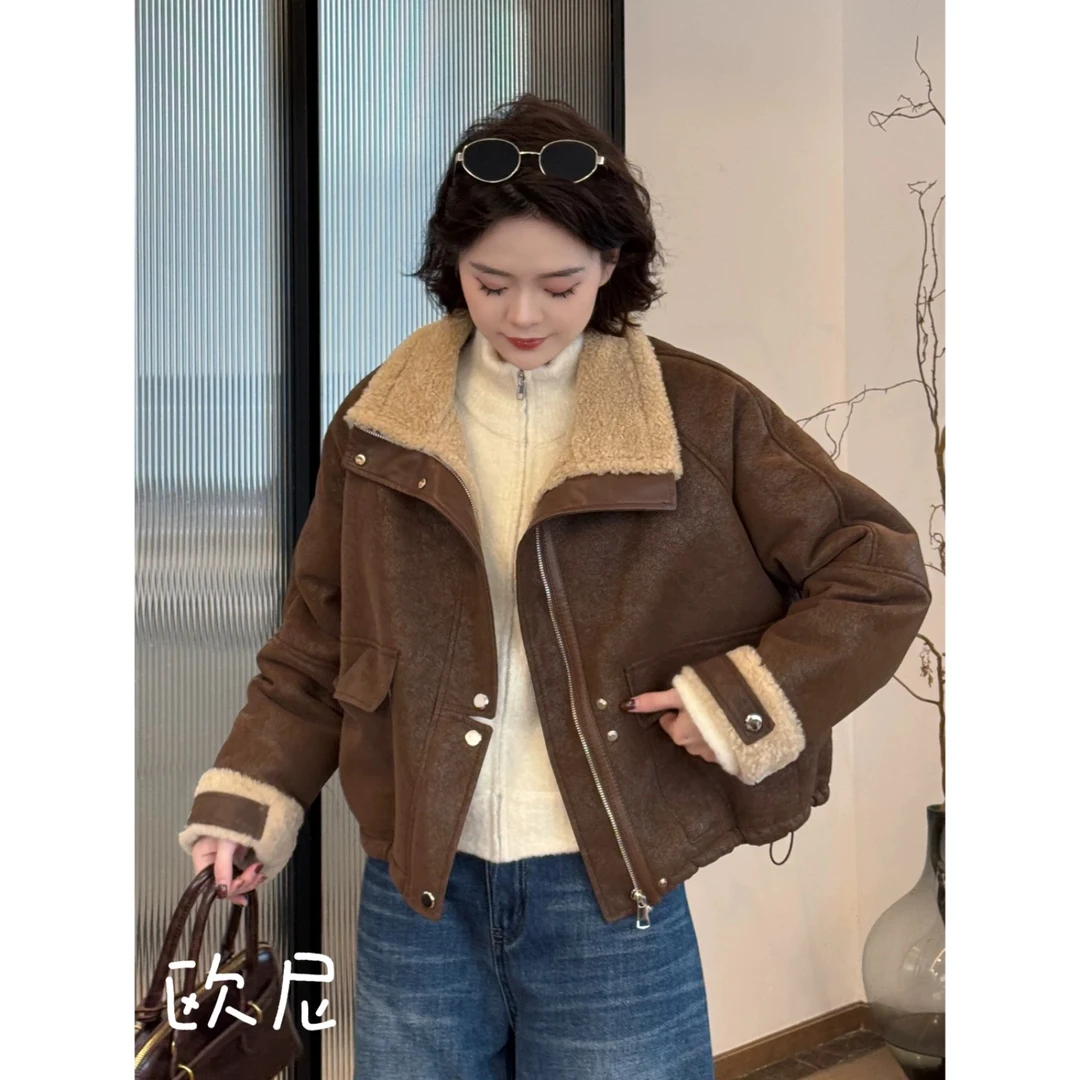 皮毛一体羊羔毛外套女2024新款冬季麂皮绒夹克羊羔绒骑行机车服