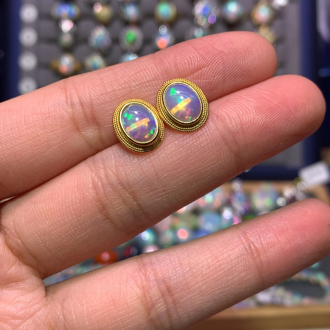 银S925镀金镶嵌欧泊耳钉