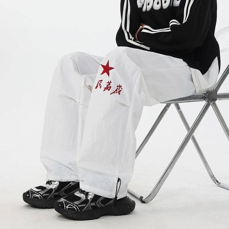 藏青色早秋字母刺绣休闲裤cleanfit男潮牌宽松大码阔腿伞兵长裤子