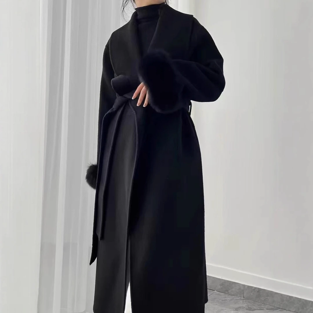 狐狸毛袖大衣女双面羊绒2025秋冬新款高端显瘦长款羊毛呢外套女装