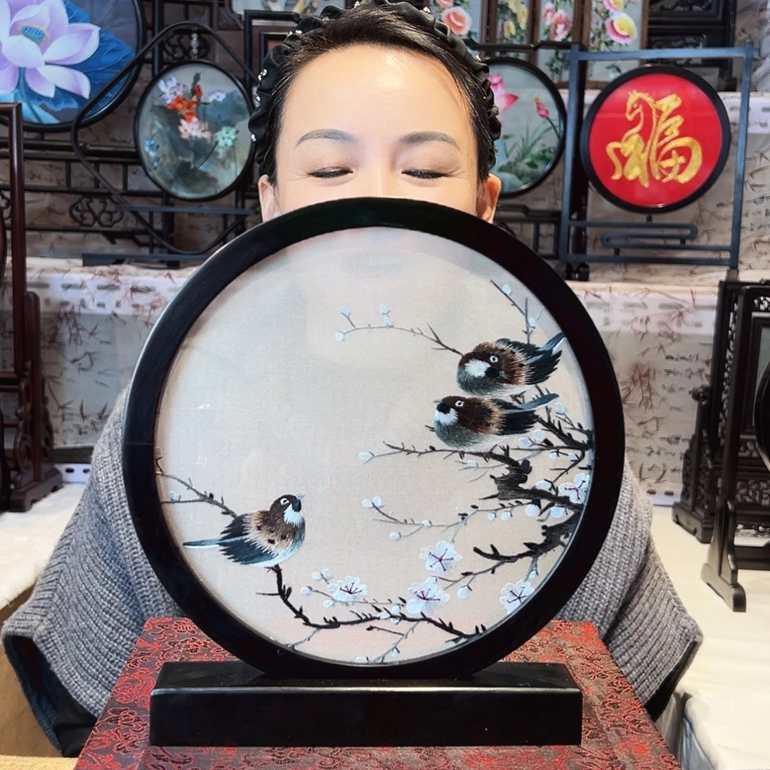织绣苏绣摆台檀木手工双面
